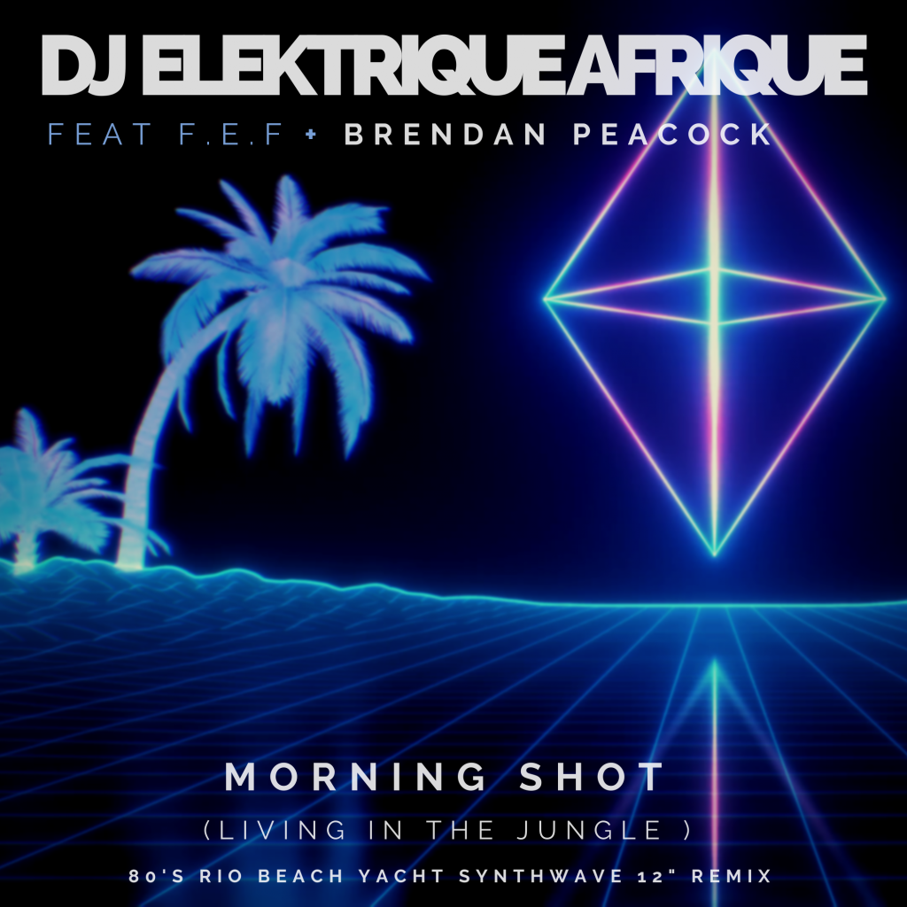 The new single ‘Morning Shot’ Living in the Jungle is a combination of House, Dance, Synthwave, Darkwave, Retrowave, Futuristic 80’s beats with original guitar riffs by guitarist Brendan Peacock and the music prowess of DJ Elektrique Afrique and F.E.F